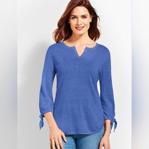 Talbots 100% Linen Denim Blue Hamptons Lightweight Sweater 3/4 Sleeves Large